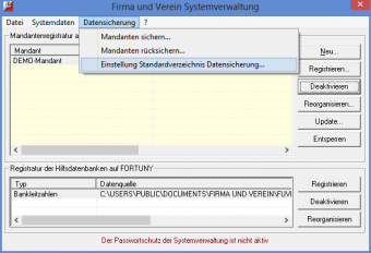 Menü Datensicherung in der Systemverwaltung